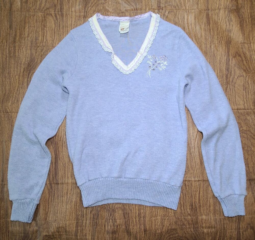 Vintage 70s Knit Sweater Size S Lilac Satin/Lace Embroidery Montgomery Ward